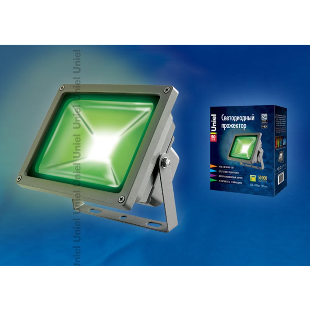 ULF-S01-50W/GREEN IP65 110-240В Прожектор светодиодный. Зеленый свет. Корпус серый. Упаковка картон. TM Uniel.