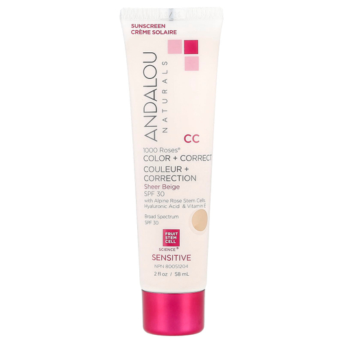 Andalou Naturals, 1000 Roses®, Color + Correct, для чувствительной кожи, SPF 30, бежевый, 2 жидк. Унции (58 мл)