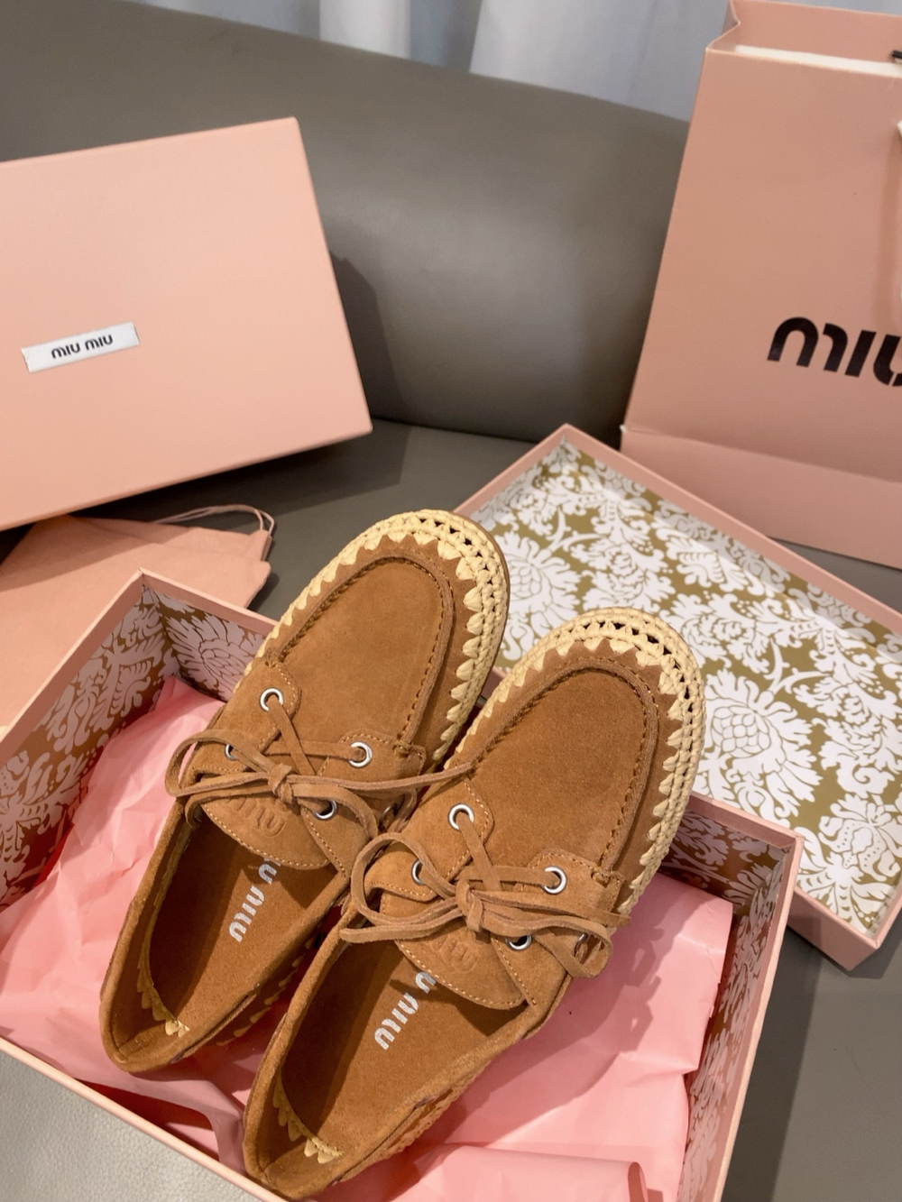 Miu Miu Suede and Raffia Boat Shoes (3 colors)