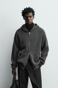 ZARA КАРДИГАН ИЗ ХЛОПКА И ШЕРСТИ С КАПЮШОНОМ, СЕРЫЙ МЕЛАНЖ