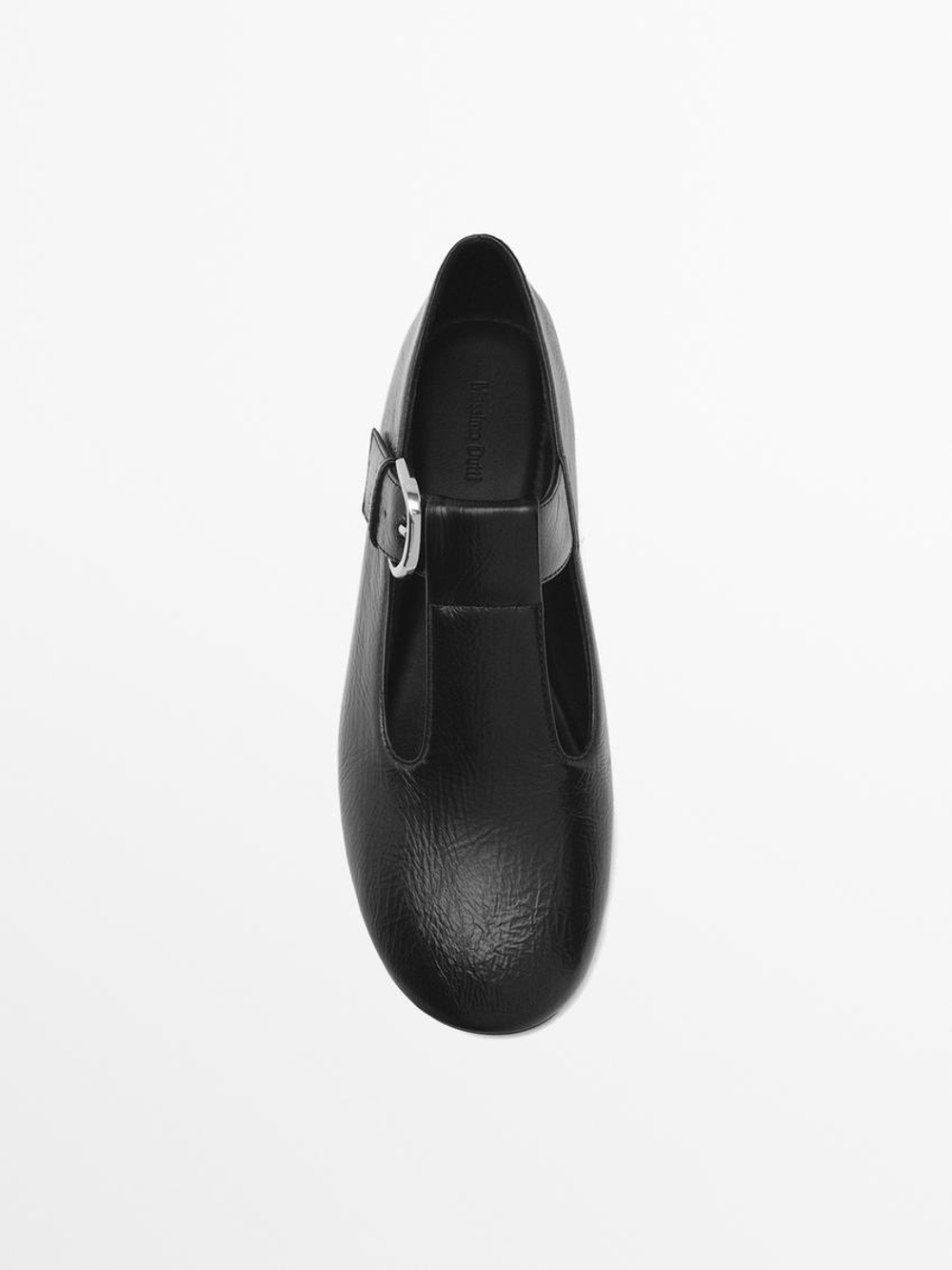 Massimo Dutti Туфли на плоской подошве с ремешком и пряжкой, черный