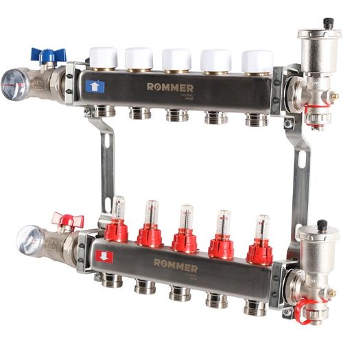 Коллектор Rommer 1"x3/4" на 5 контуров с расходомерами в сборе (нерж. сталь) RMS-1210-000005