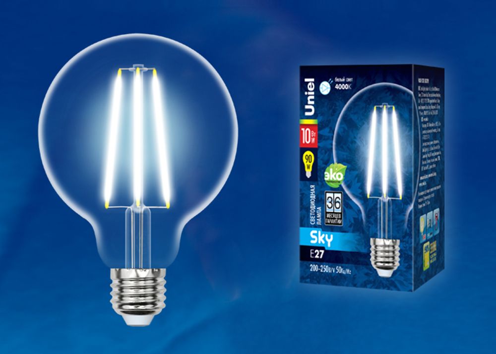 LED-G95-10W/4000K/E27/CL PLS02WH Лампа светодиодная. Форма шар, прозрачная. Серия Sky. Белый свет (4000K). Картон. ТМ Uniel.