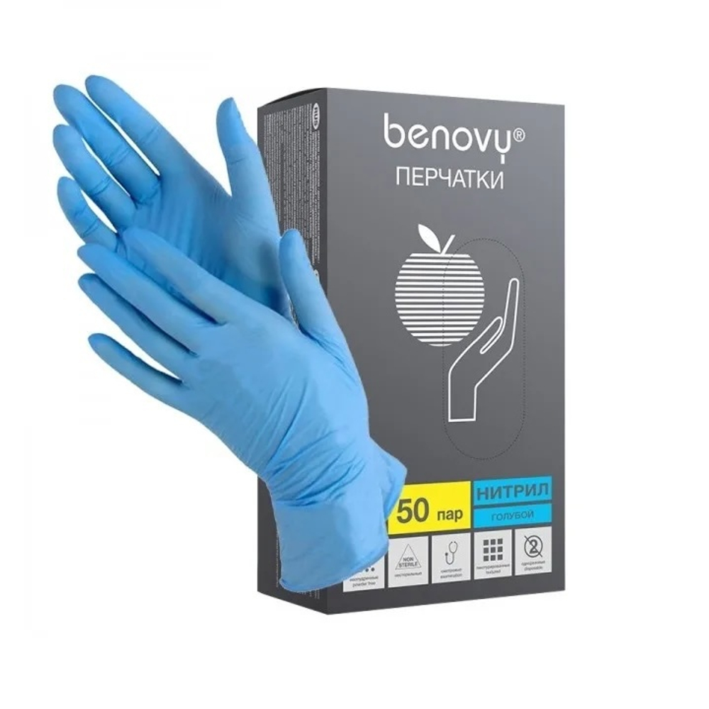 Перчатка Нитрил текст.на пальцах !!ГОЛУБЫЕ!! "BENOVY", XL, 50пар/уп