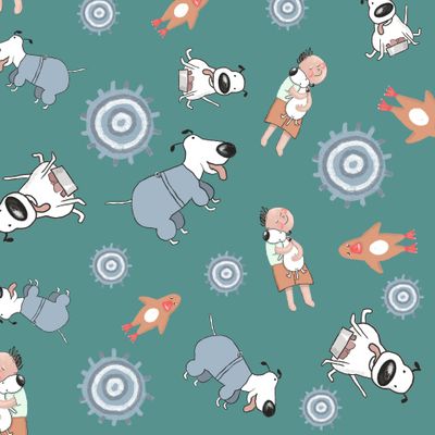 Милые животные и ребенок на изумрудном фоне