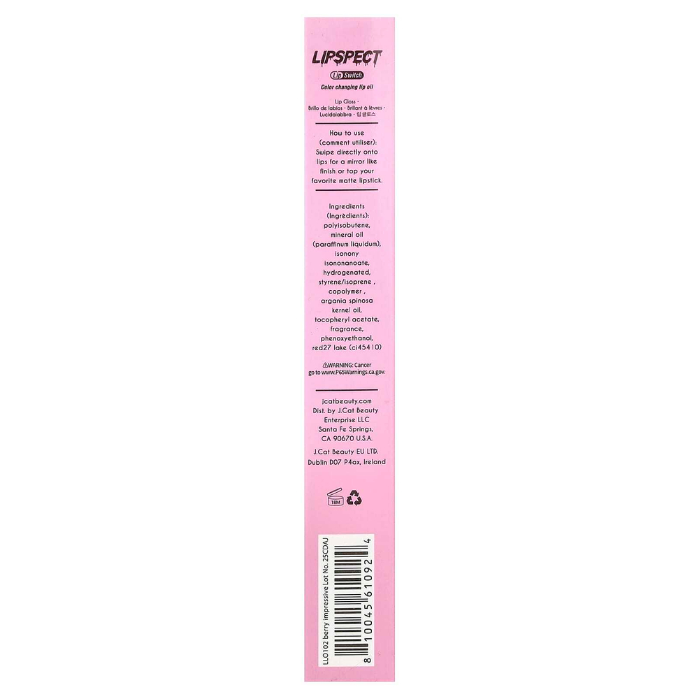 J.Cat Beauty, Lipspect, средство для губ, меняющее цвет, LLO 102 Berry Impressive, 3 мл (0,1 жидк. унции)