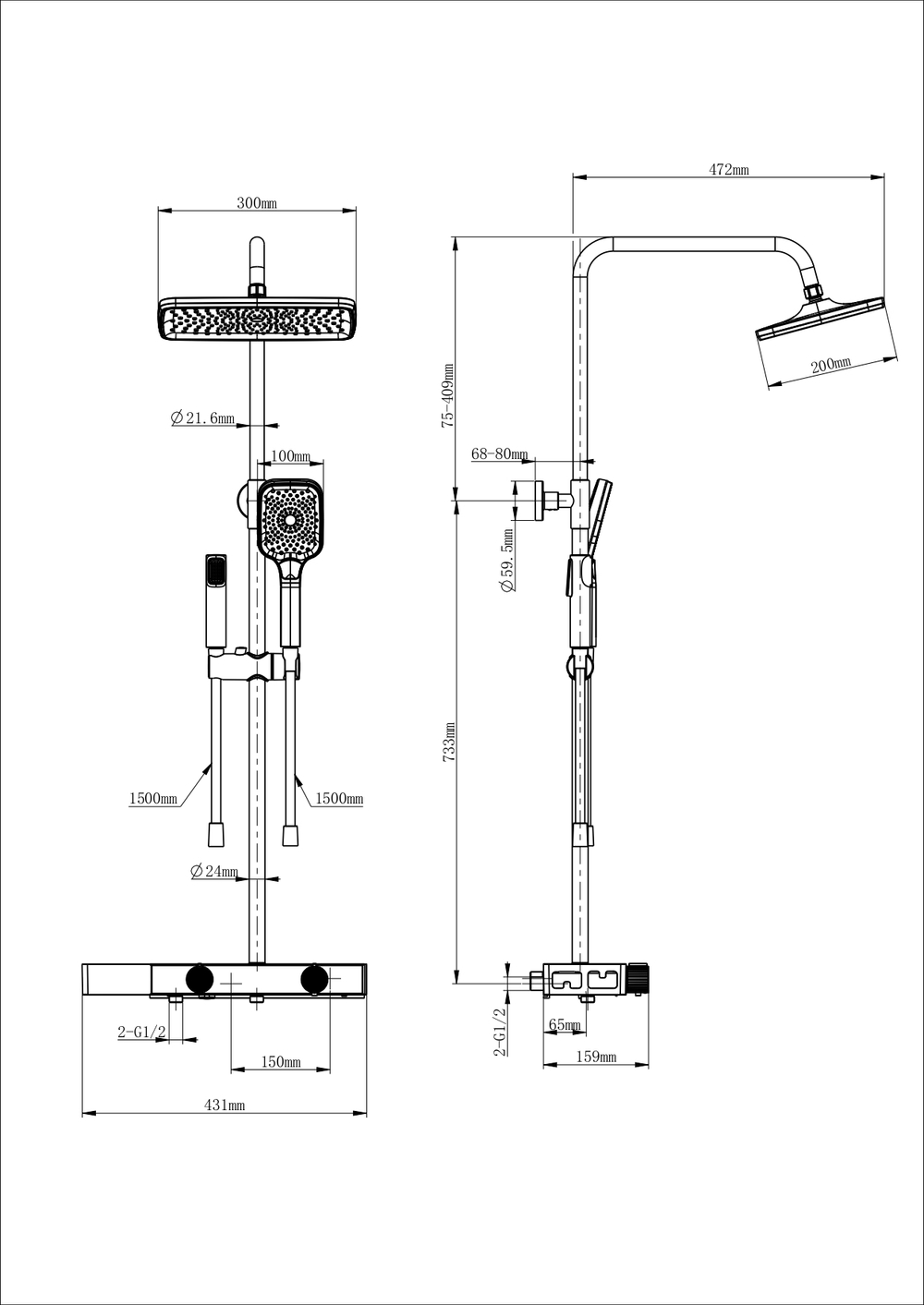 Душевая система с техническим душем WONZON & WOGHAND Shelf, Черный матовый (WW-B4161-MB)