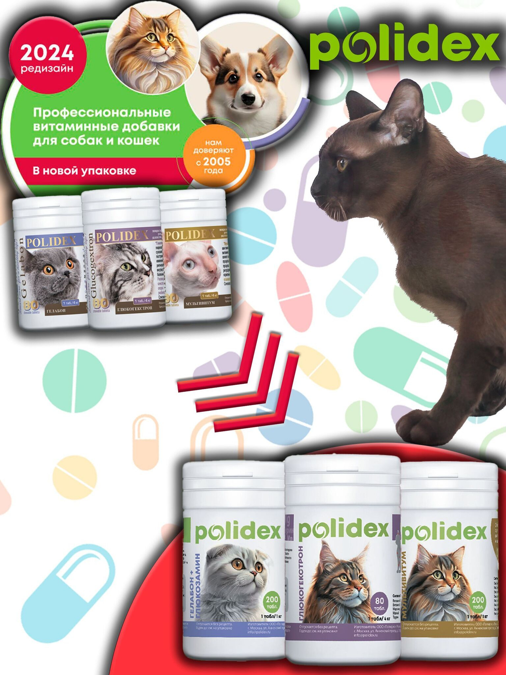 Polidex Gelabon Plus для кошек и котят Профилактика заболеваний опорно-двигательного аппарата, Кормавая добавка Полидекс Гелабон с Гюкозамином, 200таб