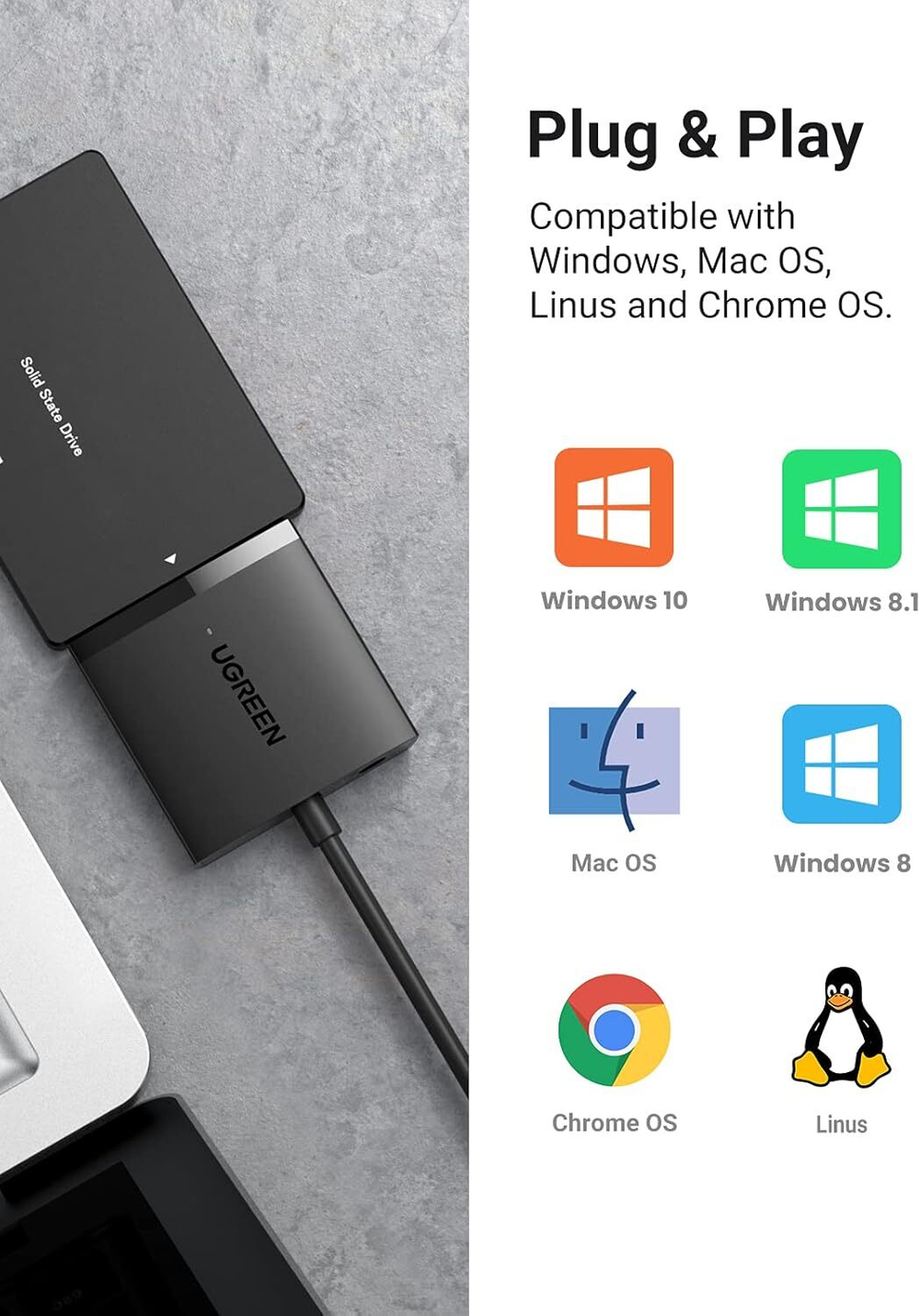 Конвертер/Адаптер с USB 3.0 на 3.5''/2.5'' SATA, без БП, UGREEN 60561