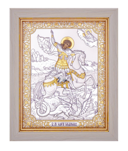 Георгий Победоносец, икона прямоугольная в рамке под стеклом, белое дерево 232х280