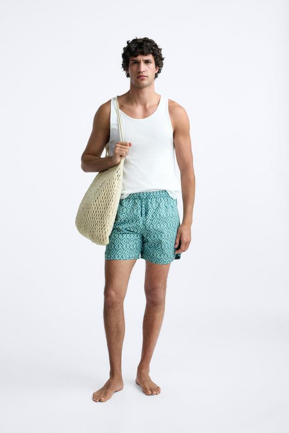 ZARA ДЛИННЫЕ ПЛАВКИ С ГЕОМЕТРИЧЕСКИМ ПРИНТОМ, СИНЕ-ЗЕЛЕНЫЙ