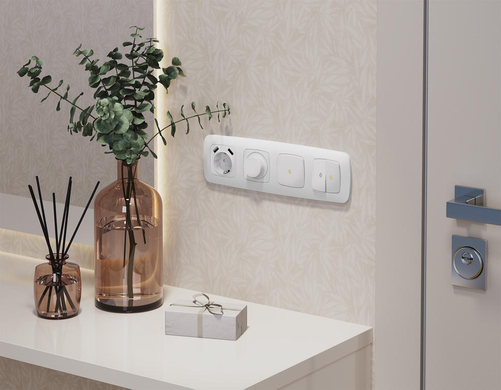 MO122050 Комплект механизма 1-кл выключателя с самовозвратом с подсветкой 3200K OMEGA Белый матовый QUANT (OP1220, VM113, G11Y)