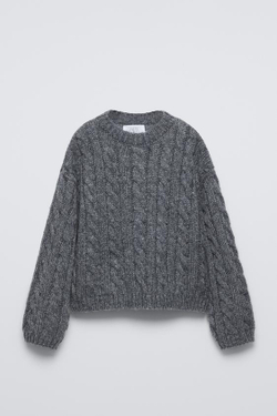 ZARA СВИТЕР С УЗОРОМ «КОСЫ», СЕРЫЙ С МЕЛАНЖЕВЫМ ЭФФЕКТОМ
