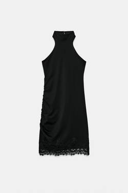 ZARA МИНИ-ПЛАТЬЕ ХАЛТЕР С КРУЖЕВОМ, ЧЕРНЫЙ