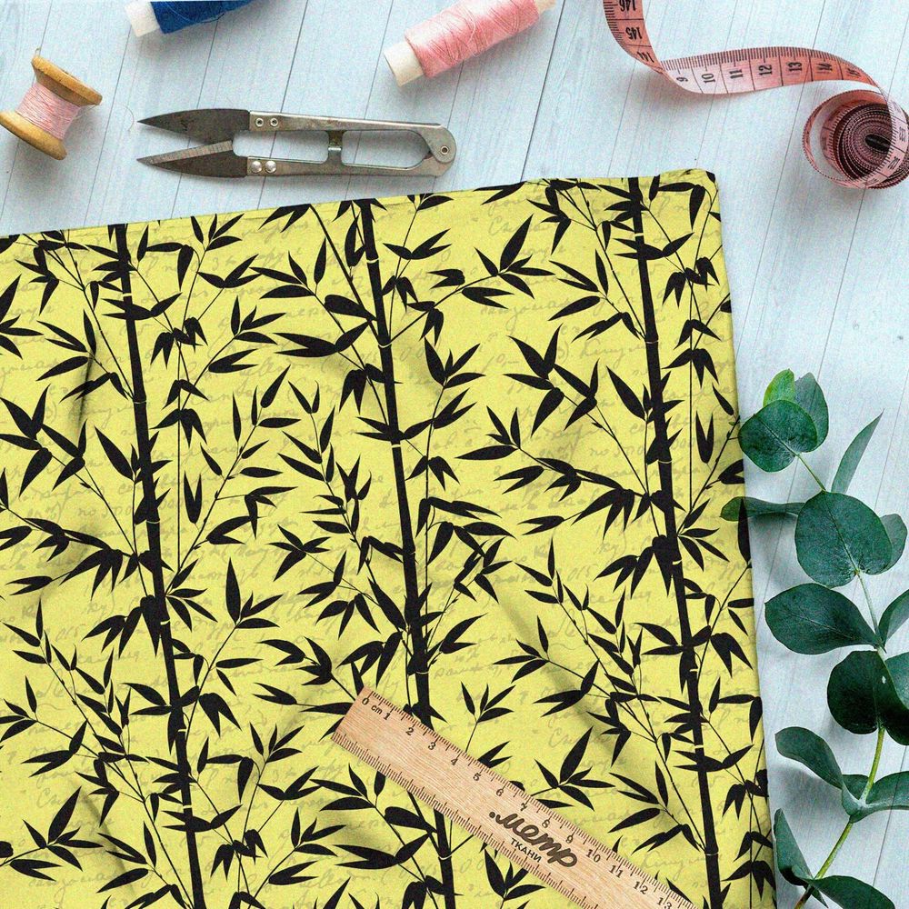 Ткань лён чёрный бамбук на жёлтом фоне