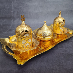 Кофейный набор "Lale" на 2 персоны с лукумницей и подносом/ACAR. Турция (золотистый)