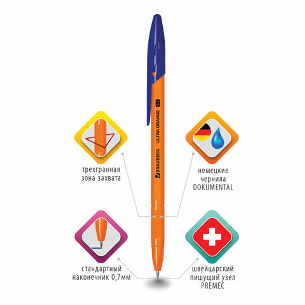 Ручка шариковая BRAUBERG "ULTRA ORANGE", СИНЯЯ, узел 0,7 мм,чернила ГЕРМАНИЯ, наконечник ШВЕЙЦАРИЯ