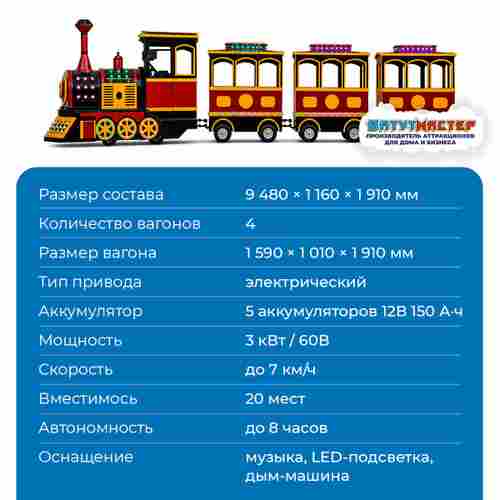 Паровозик детские аттракционы «Магия Рельсов», 4 вагона, 20 мест