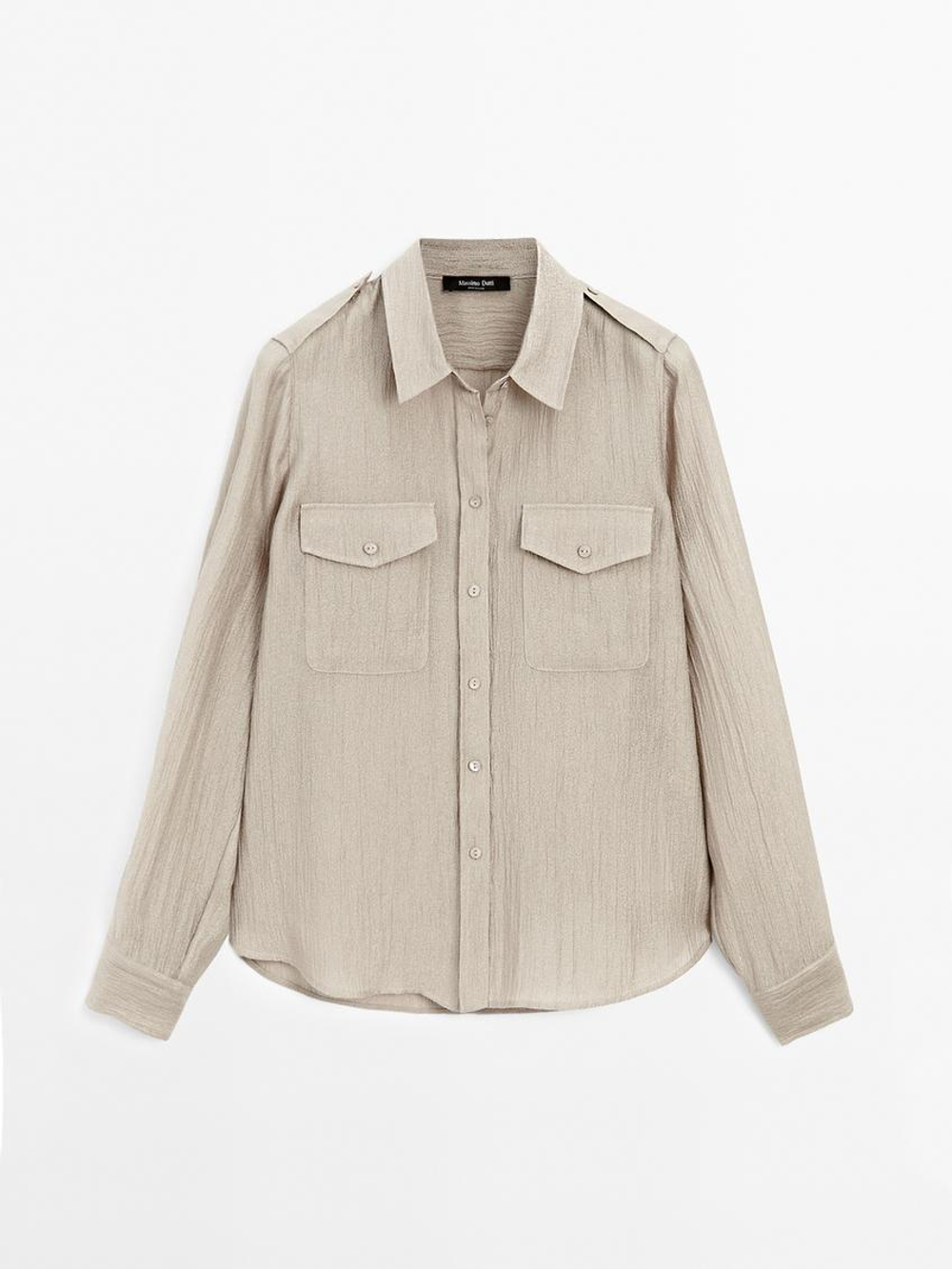 Massimo Dutti Рубашка из струящейся полупрозрачной ткани с карманами, бежевый