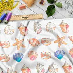 Ткань дюспо разноцветные ракушки и морские звёзды