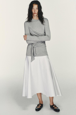 ZARA КОМБИНИРОВАННОЕ ПЛАТЬЕ МИДИ С ЗАВЯЗКАМИ, БЕЛЫЙ/СЕРЫЙ