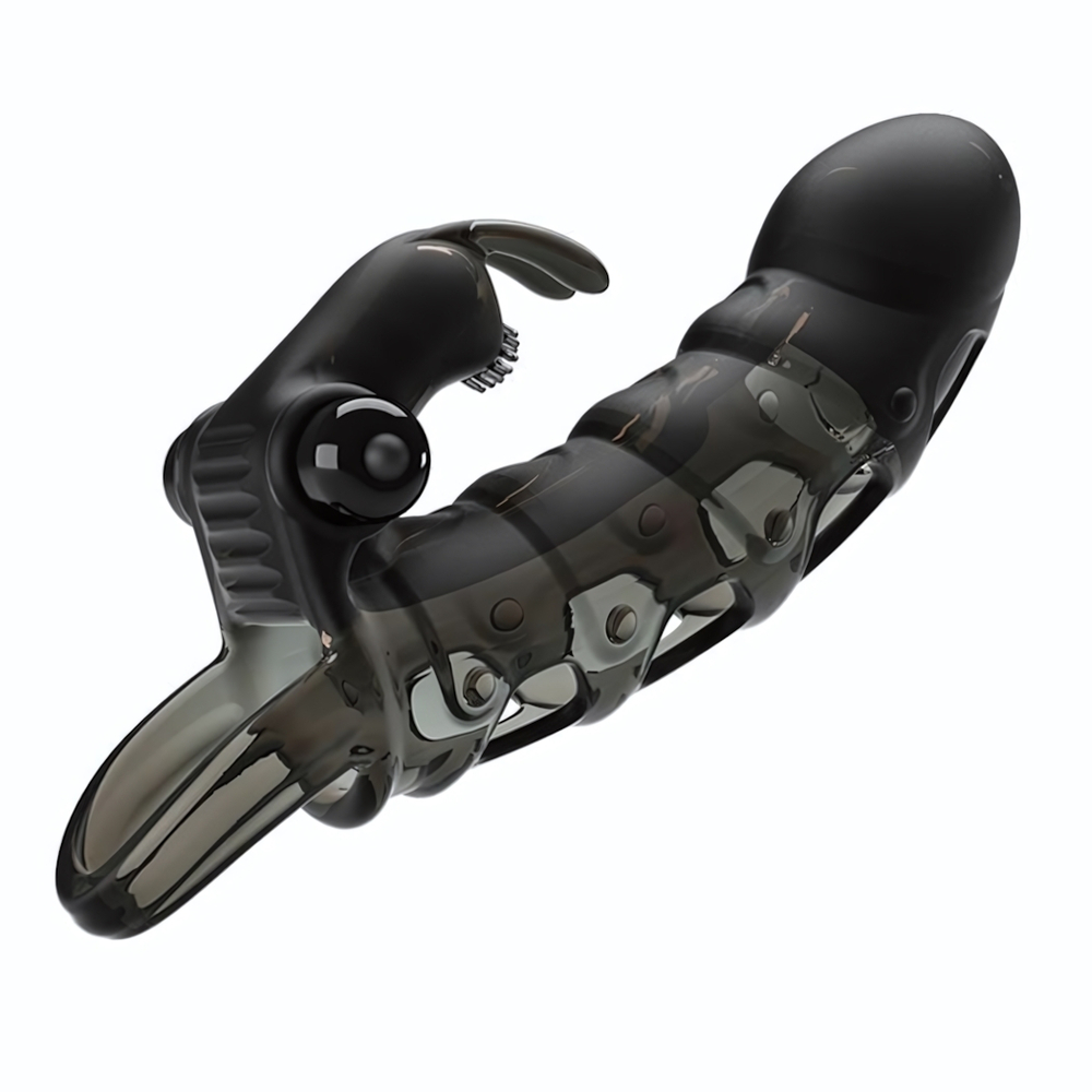 Черная закрытая насадка с подхватом мошонки и стимулятором клитора - 19,2 см. (Цвет: черный)