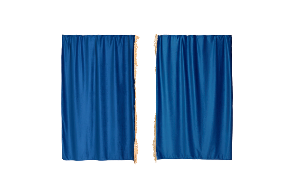 Шторы спального места в кабину Volvo, Scania, MAN, DAF, Merc, Камаз, Sitrak, Shacman, Foton, FAW. Высота 1,5м, ширина одной стороны - 1,15м. Блэкаут, велюр. Синий цвет с бежевой бахромой