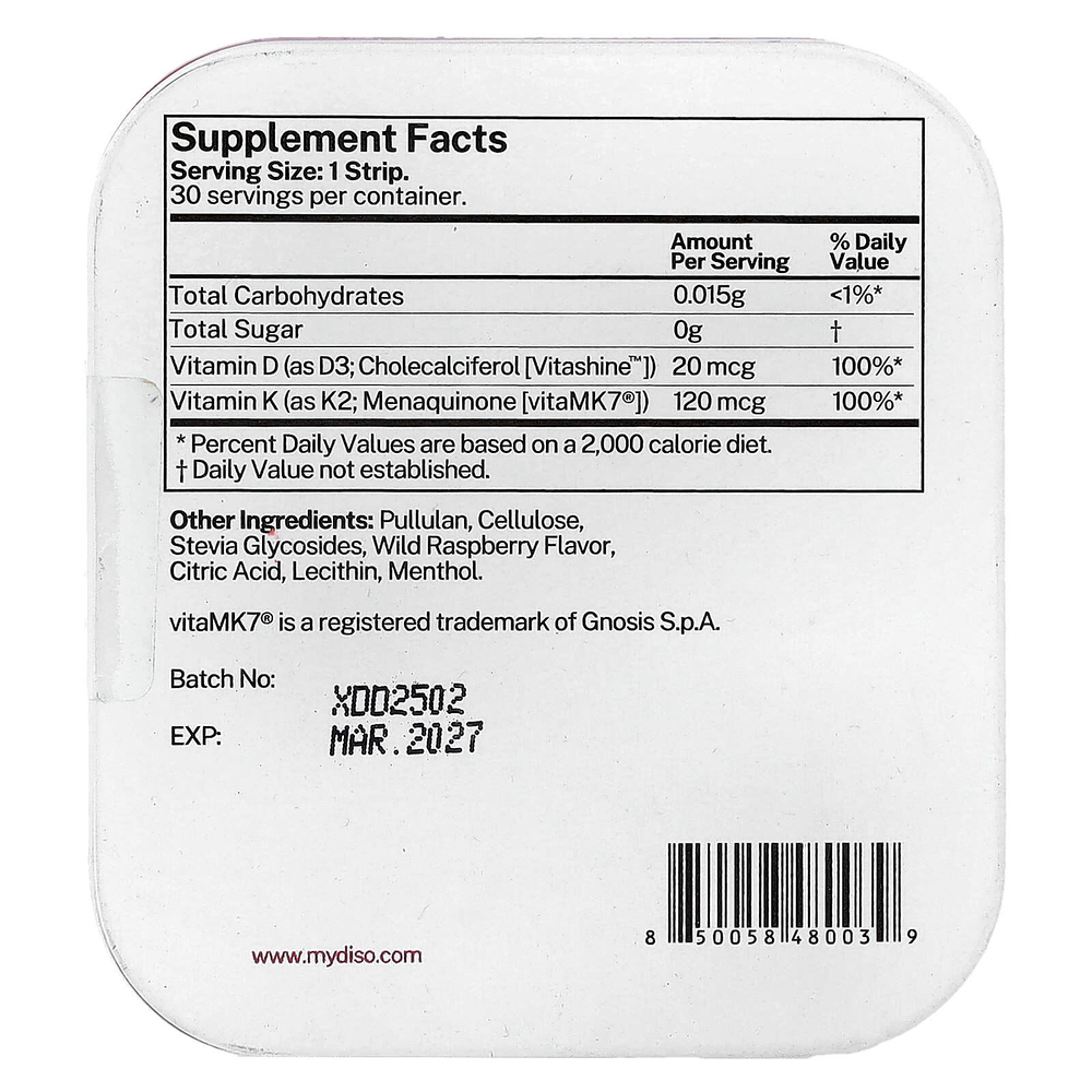 Diso, витамины D3 и K2, дикая малина, 30 полосок для полости рта