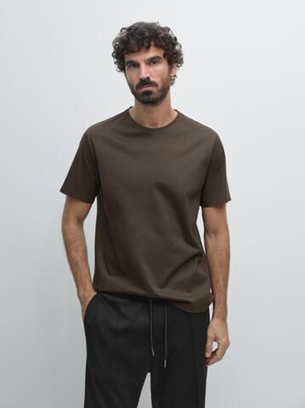 Massimo Dutti Футболка классического кроя с круглым вырезом, хаки
