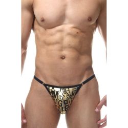 Мужские трусы тонги золотистые с черными буквами Don Moris DM011907