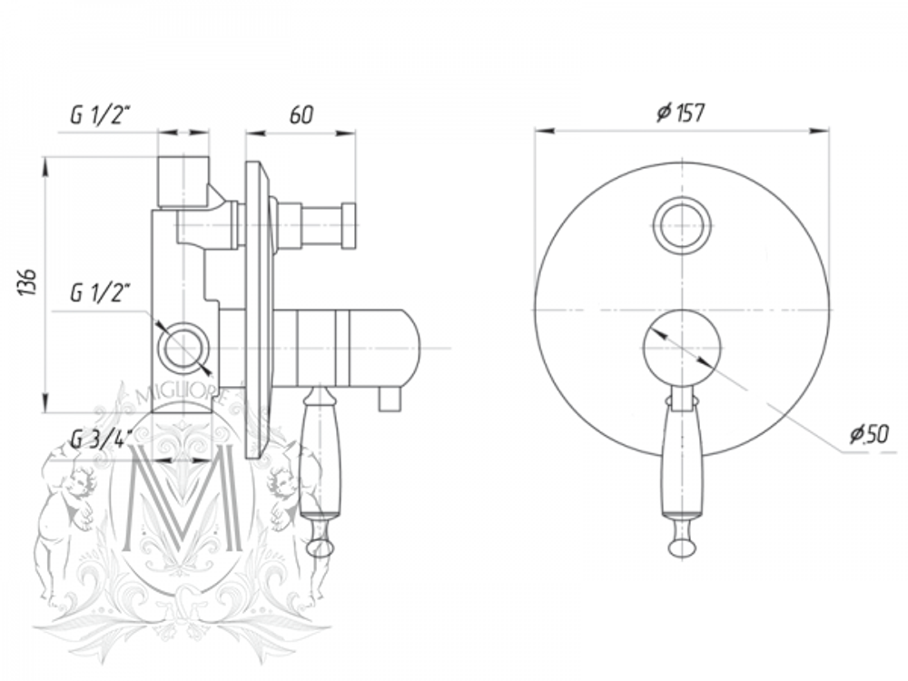 Смеситель скрытого монтажа для ванны/душа термостатический Migliore Oxford BN.OXF-6378 схема