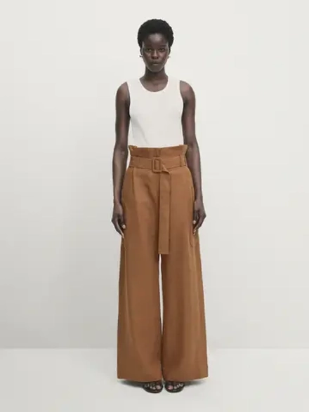 Massimo Dutti Льняные брюки с защипами на поясе — Studio, цвет верблюжьей шерсти
