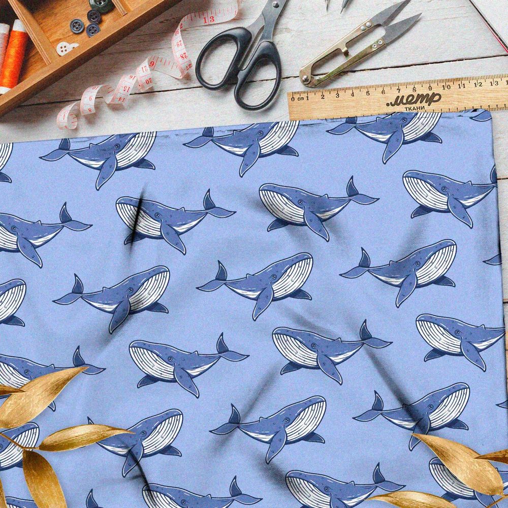 Ткань оксфорд 210 киты на голубом фоне