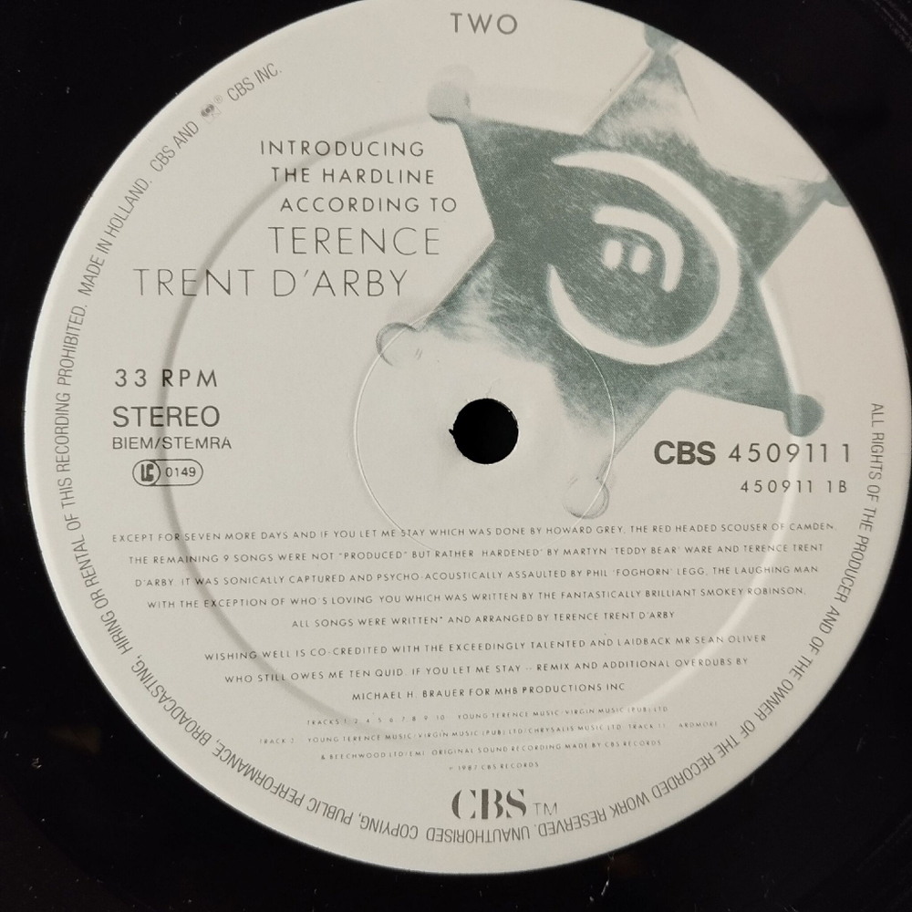 Винтажная виниловая пластинка LP Introducing The Hardline According To Terence Trent Darby (Holland 1987)