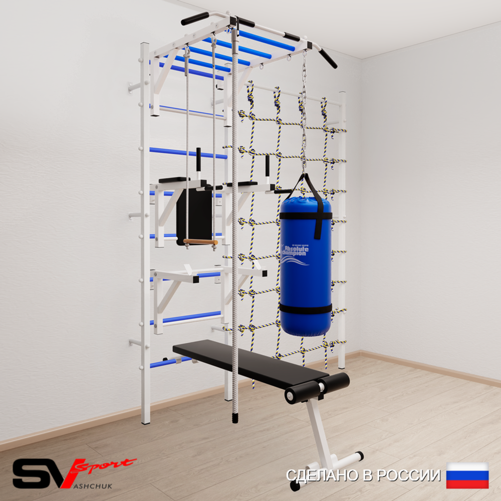 Шведская стенка Sv Sport 56610 (Турник рукоход/Брусья/Стойка/Скамья/Канат/Трапеция/Цепь/Мешок 15кг/Канатный лаз)