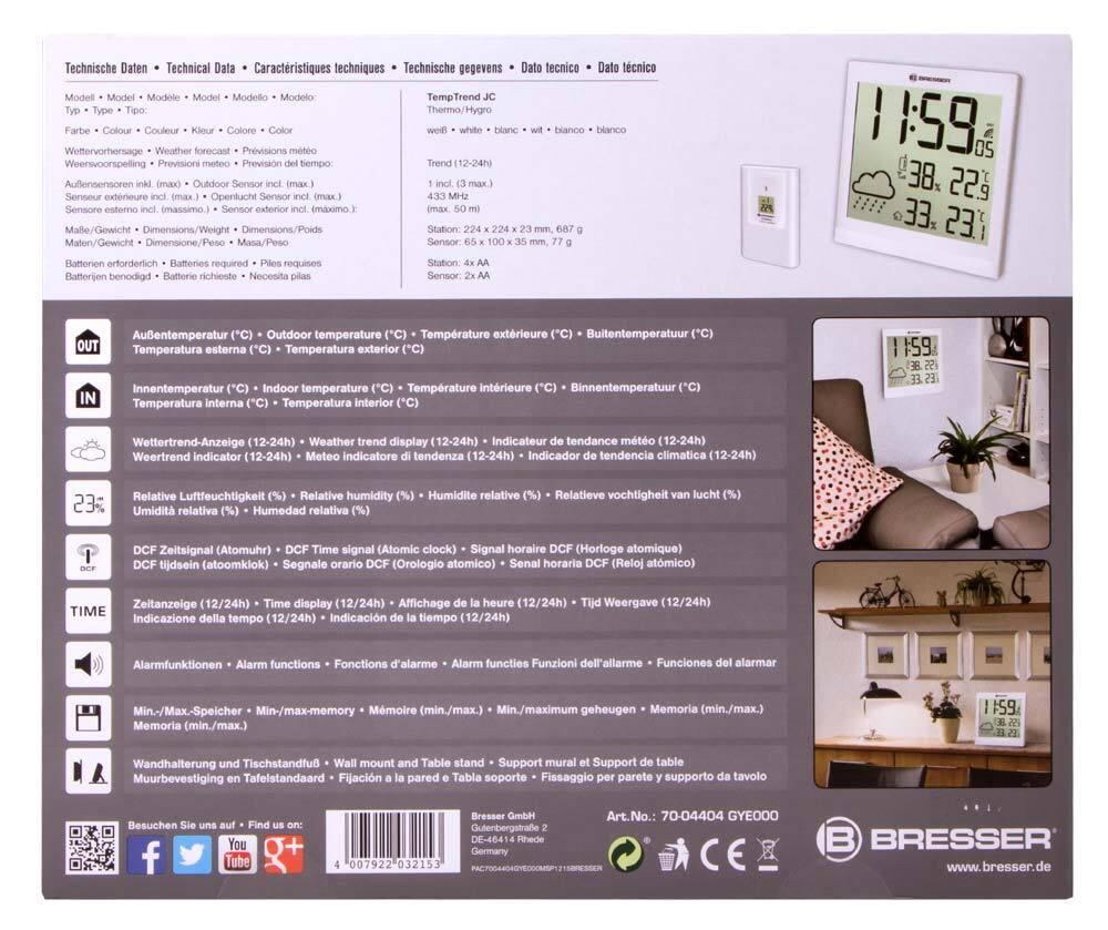 Метеостанция (настенные часы) Bresser TemeoTrend JC LCD с радиоуправлением, белая