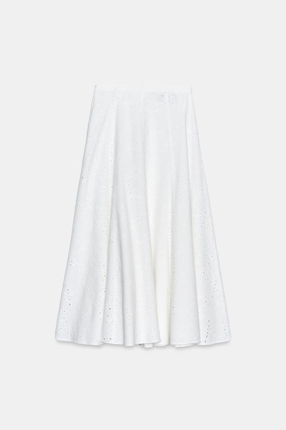 ZARA ЮБКА МИДИ С ПЕРФОРИРОВАННОЙ ВЫШИВКОЙ, БЕЛЫЙ
