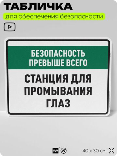 Табличка для обеспечения безопасности "Станция для промывания глаз", для производства, предприятия, 40х30 см, Silver Plane x Айдентика Технолоджи