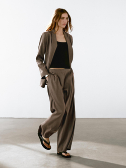 Massimo Dutti Брюки прямого кроя из смесового льна с защипами, хаки