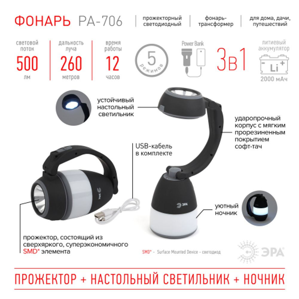 Фонарь кемпинговый светодиодный ЭРА PA-706 аккумуляторный трансформер прожекторный 3 в 1 | Кемпинговые фонари