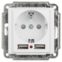 Розетка Intro Accent 6-410-01 P+E Schuko со шторками, 16А-250В + 2хUSB, IP20, СУ, белый | Intro