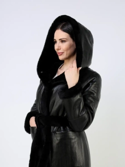 Дубленка зимняя шуба натуральная с капюшоном длинная