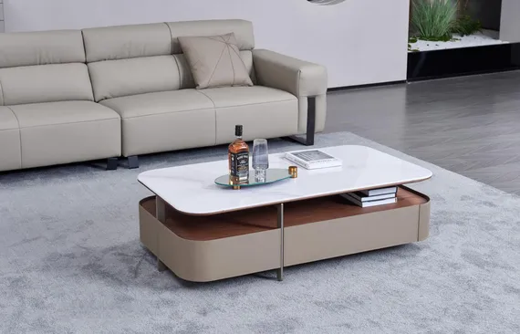 Журнальный столик 4636, белая керамика, шпон ореха, бежевая экокожа