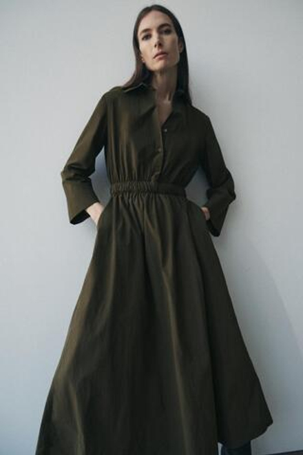 ZARA ПЛАТЬЕ-РУБАШКА МИДИ — ZW COLLECTION, ТЕМНЫЙ ХАКИ