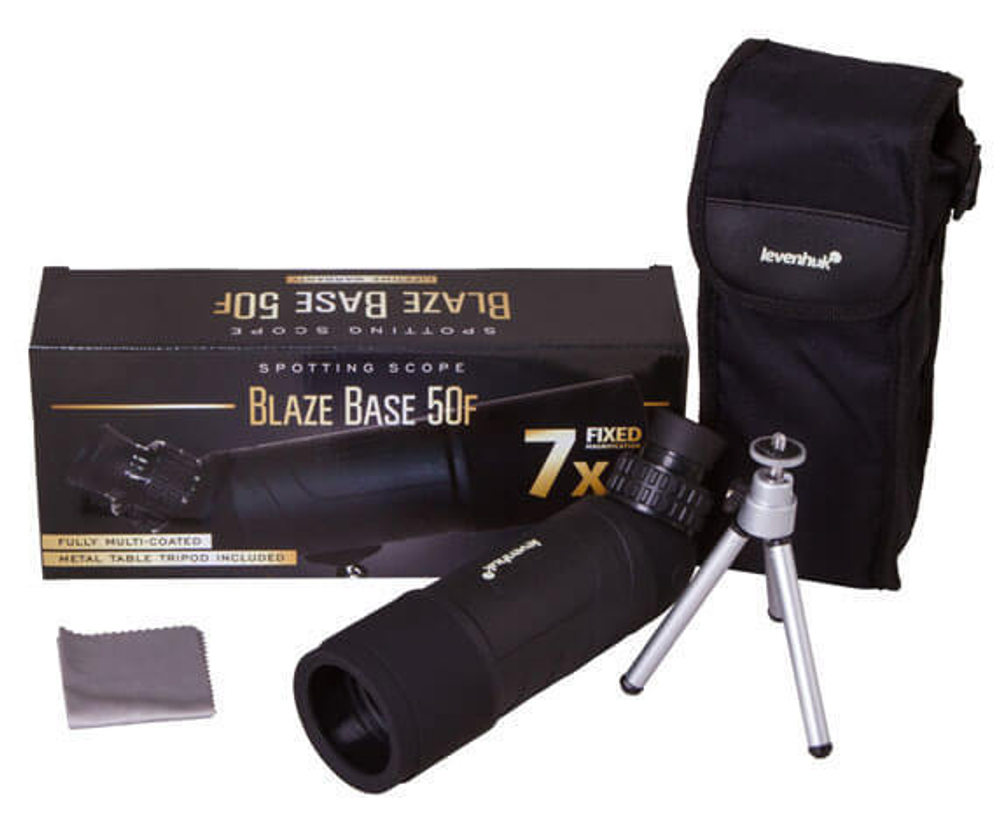 Комплект поставки Blaze BASE 50F: труба, штатив, салфетка, чехол, коробка