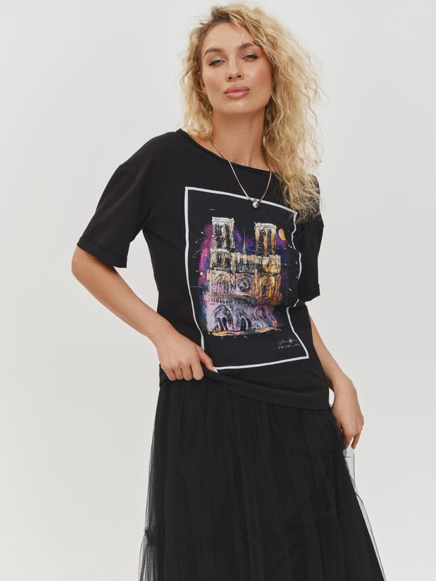 Футболка со спущенным плечом  принт "Париж", черная