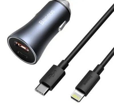 Автомобильное зарядное устройство Baseus Golden Contactor Pro Dual Quick Charger Car Charger U+C 40W (TZCCJD-B0G) With Baseus Simple Wisdom Data Cable Type-C to iP 1m, Тёмно-серое