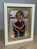 Покрова БМ, икона прямоугольная в рамке под стеклом, белое дерево, эмаль 232х280