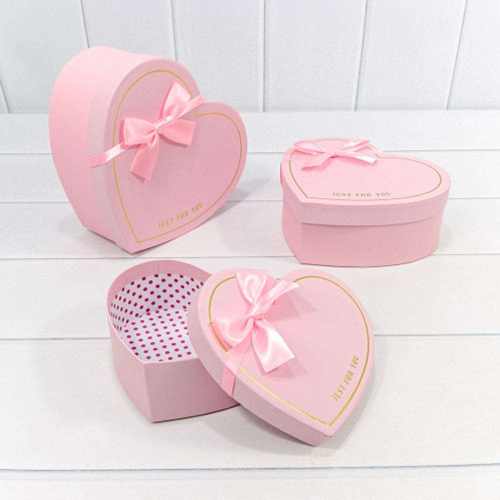 Коробка 22.2х19.5х9 см Набор 3 шт "Сердце" Just For You с бантом (Розовый)