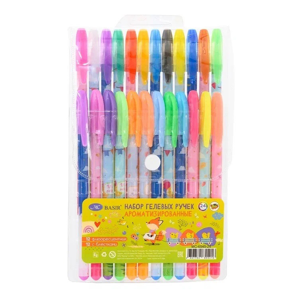 Ручка гелевая, Basir, цветные чернила, серия "Лисята", ароматизированная с блёстками, 24 шт